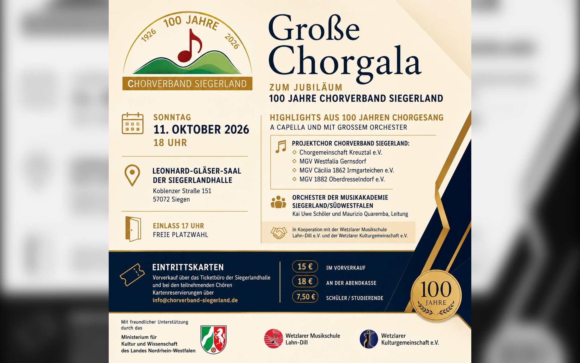 Große Chorgala zum Jubiläum „100 Jahre Chorverband Siegerland“